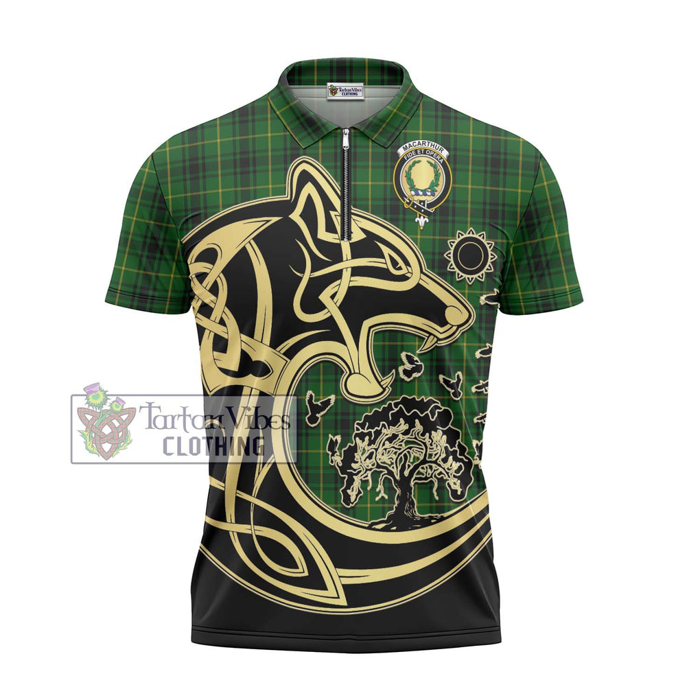 MacArthur (McArthur) Tartan Zipper Polo Shirt with Family Crest Celtic Wolf Style - Tartanvibesclothing Shop