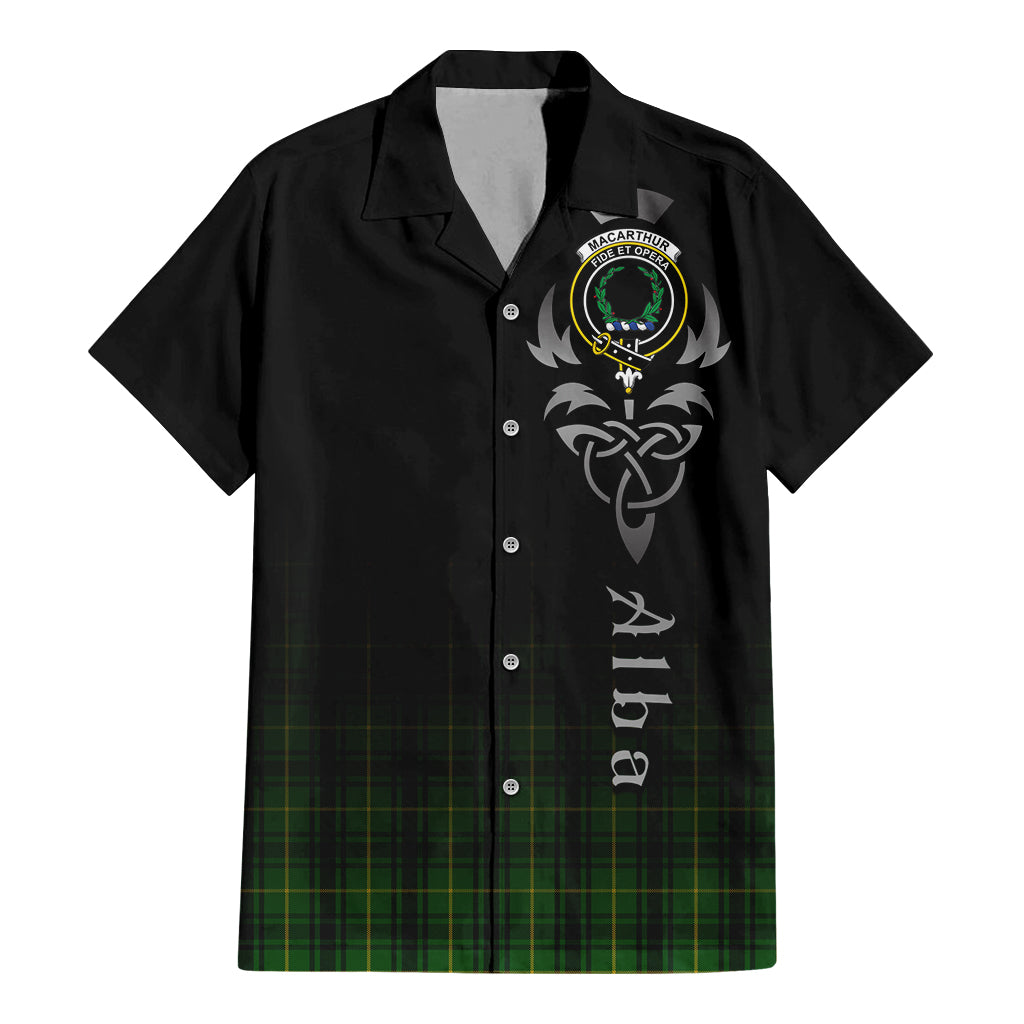 Tartan Vibes Clothing MacArthur Tartan Short Sleeve Button Up Featuring Alba Gu Brath Family Crest Celtic Inspired