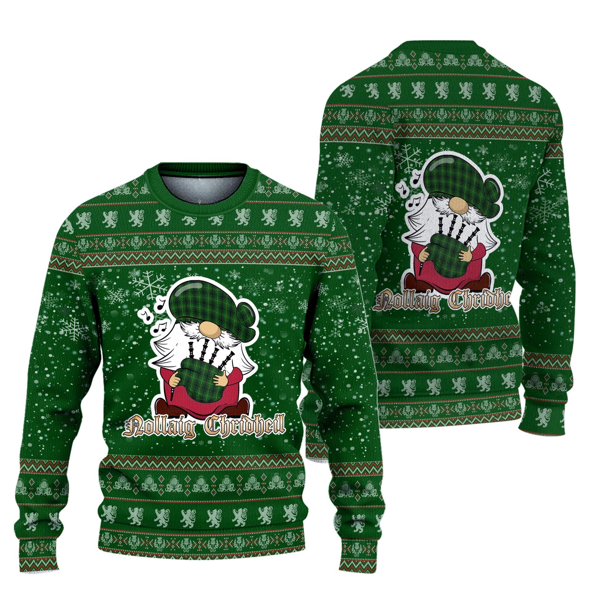 MacArthur Clan Christmas Family Knitted Sweater with Funny Gnome Playing Bagpipes Unisex Green - Tartanvibesclothing