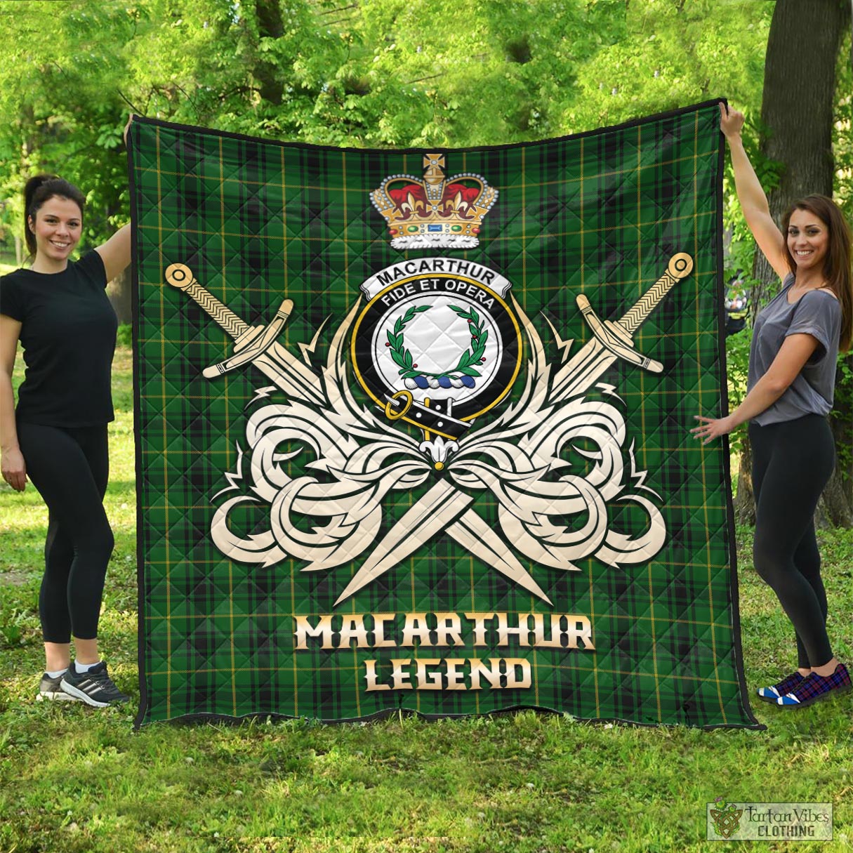 Tartan Vibes Clothing MacArthur Tartan Quilt with Clan Crest and the Golden Sword of Courageous Legacy