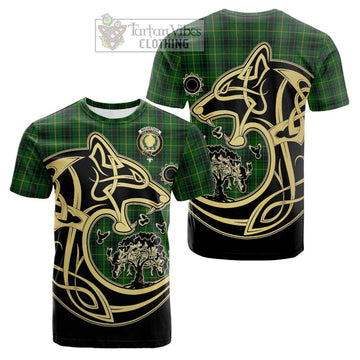 MacArthur (McArthur) Tartan Cotton T-shirt with Family Crest Celtic Wolf Style