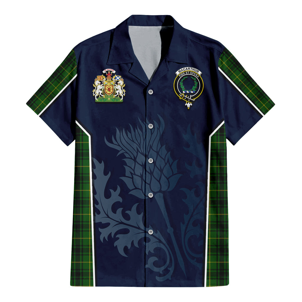 Tartan Vibes Clothing MacArthur Tartan Short Sleeve Button Up Shirt with Family Crest and Scottish Thistle Vibes Sport Style