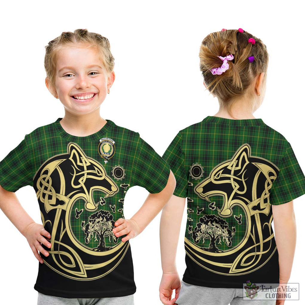 MacArthur (McArthur) Tartan Kid T-Shirt with Family Crest Celtic Wolf Style - Tartan Vibes Clothing