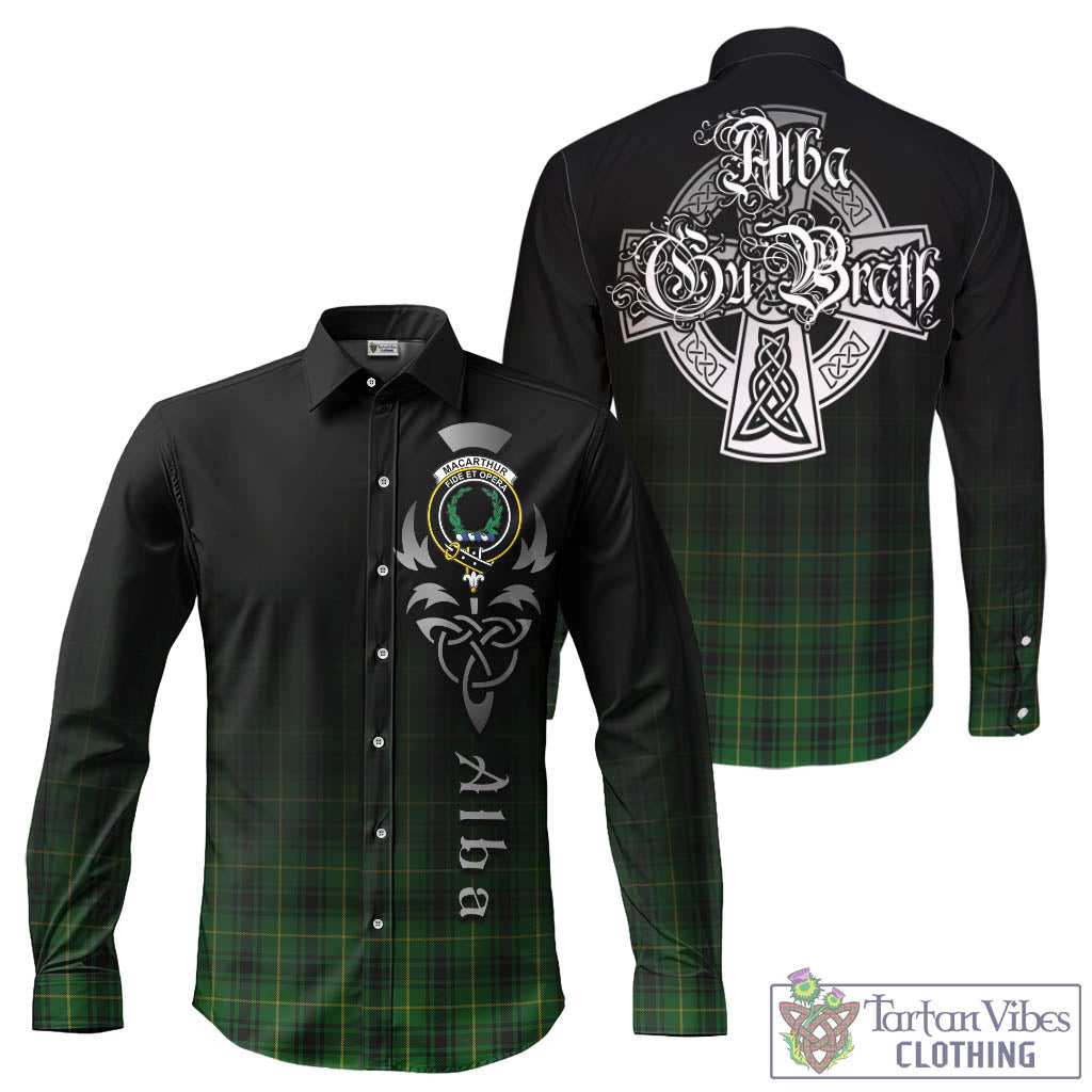 Tartan Vibes Clothing MacArthur Tartan Long Sleeve Button Up Featuring Alba Gu Brath Family Crest Celtic Inspired