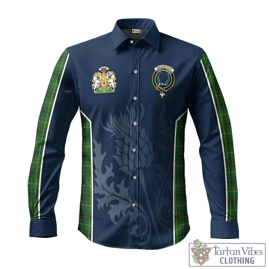 Tartan Vibes Clothing MacArthur Tartan Long Sleeve Button Up Shirt with Family Crest and Scottish Thistle Vibes Sport Style