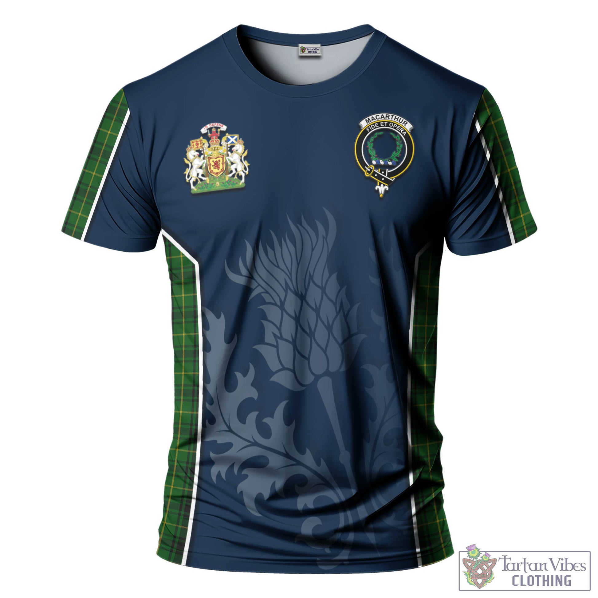 Tartan Vibes Clothing MacArthur Tartan T-Shirt with Family Crest and Scottish Thistle Vibes Sport Style