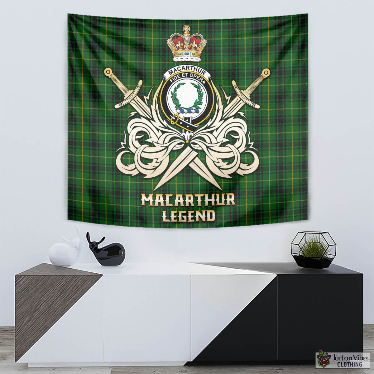 Tartan Vibes Clothing MacArthur Tartan Tapestry with Clan Crest and the Golden Sword of Courageous Legacy