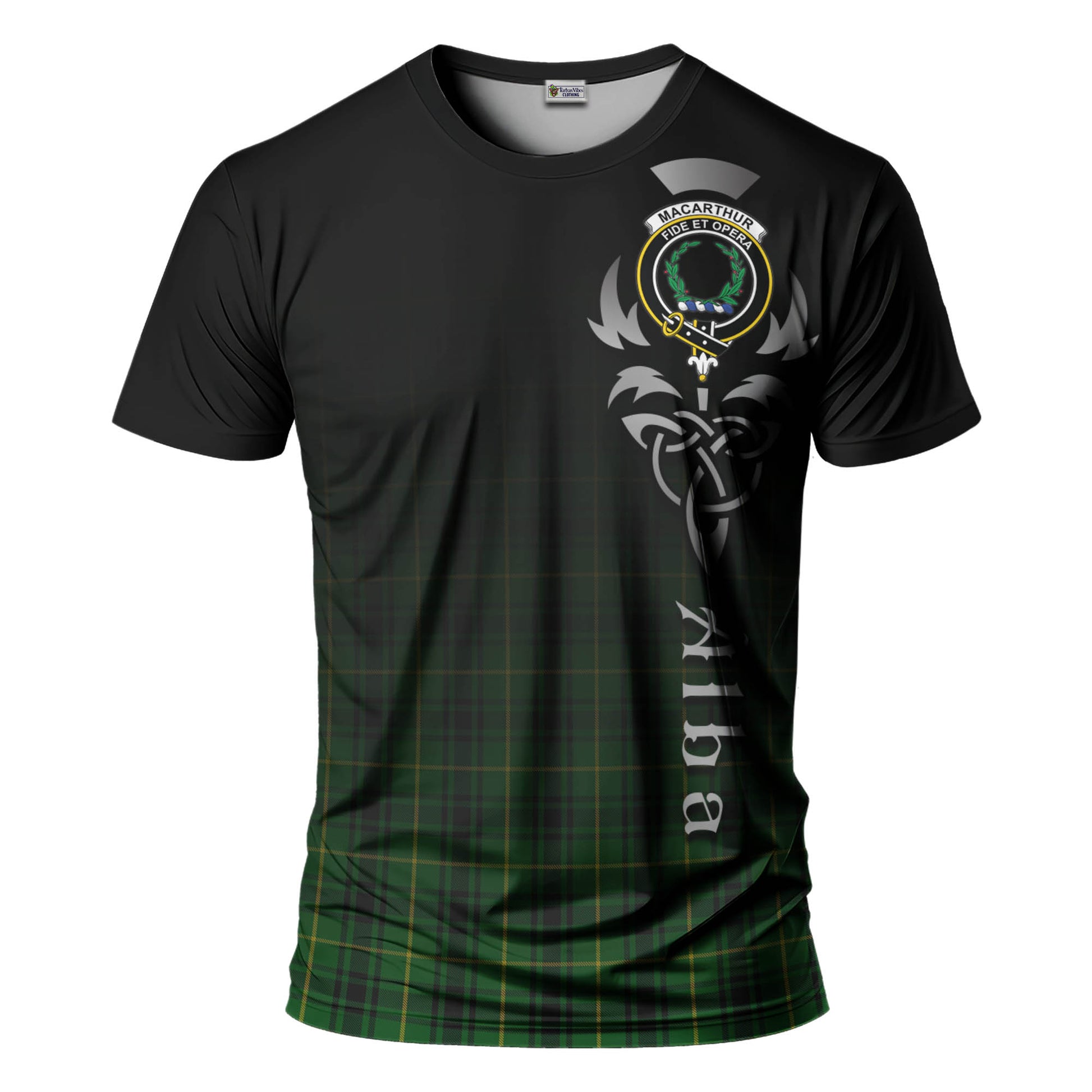 Tartan Vibes Clothing MacArthur Tartan T-Shirt Featuring Alba Gu Brath Family Crest Celtic Inspired