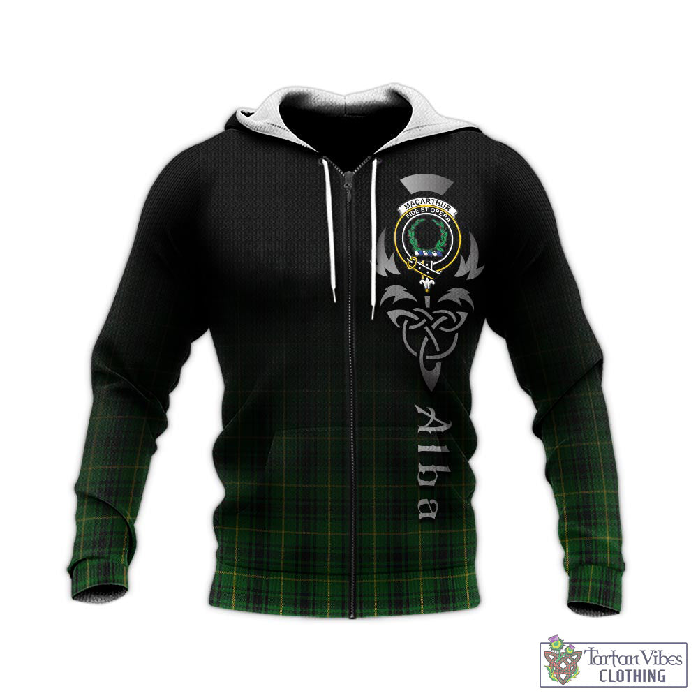 Tartan Vibes Clothing MacArthur Tartan Knitted Hoodie Featuring Alba Gu Brath Family Crest Celtic Inspired