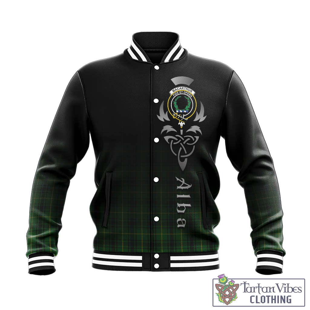 Tartan Vibes Clothing MacArthur Tartan Baseball Jacket Featuring Alba Gu Brath Family Crest Celtic Inspired