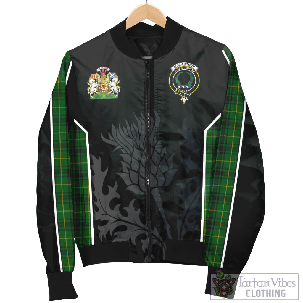 Tartan Vibes Clothing MacArthur Tartan Bomber Jacket with Family Crest and Scottish Thistle Vibes Sport Style