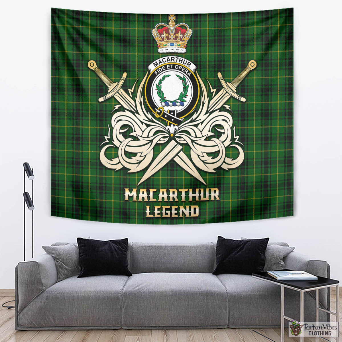 Tartan Vibes Clothing MacArthur Tartan Tapestry with Clan Crest and the Golden Sword of Courageous Legacy