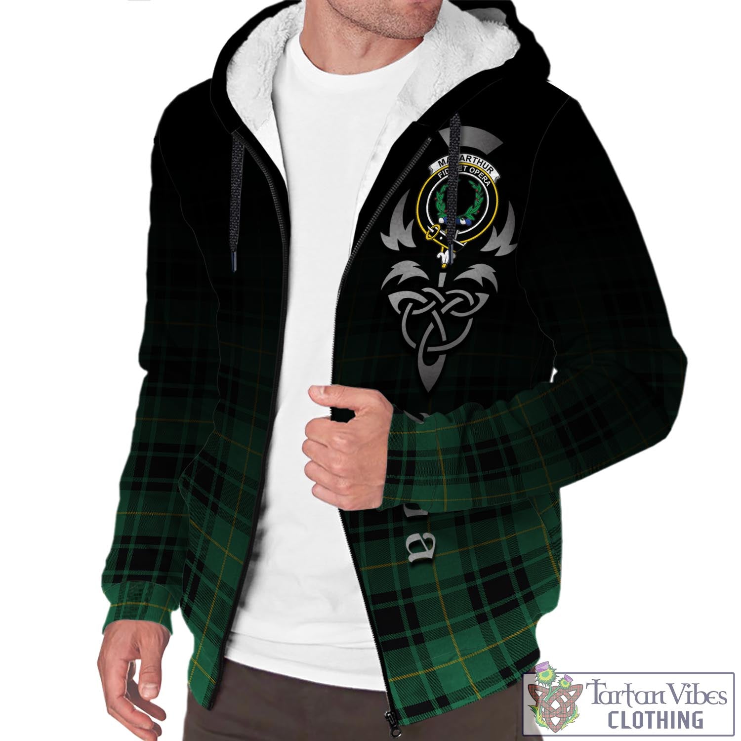 Tartan Vibes Clothing MacArthur Ancient Tartan Sherpa Hoodie Featuring Alba Gu Brath Family Crest Celtic Inspired