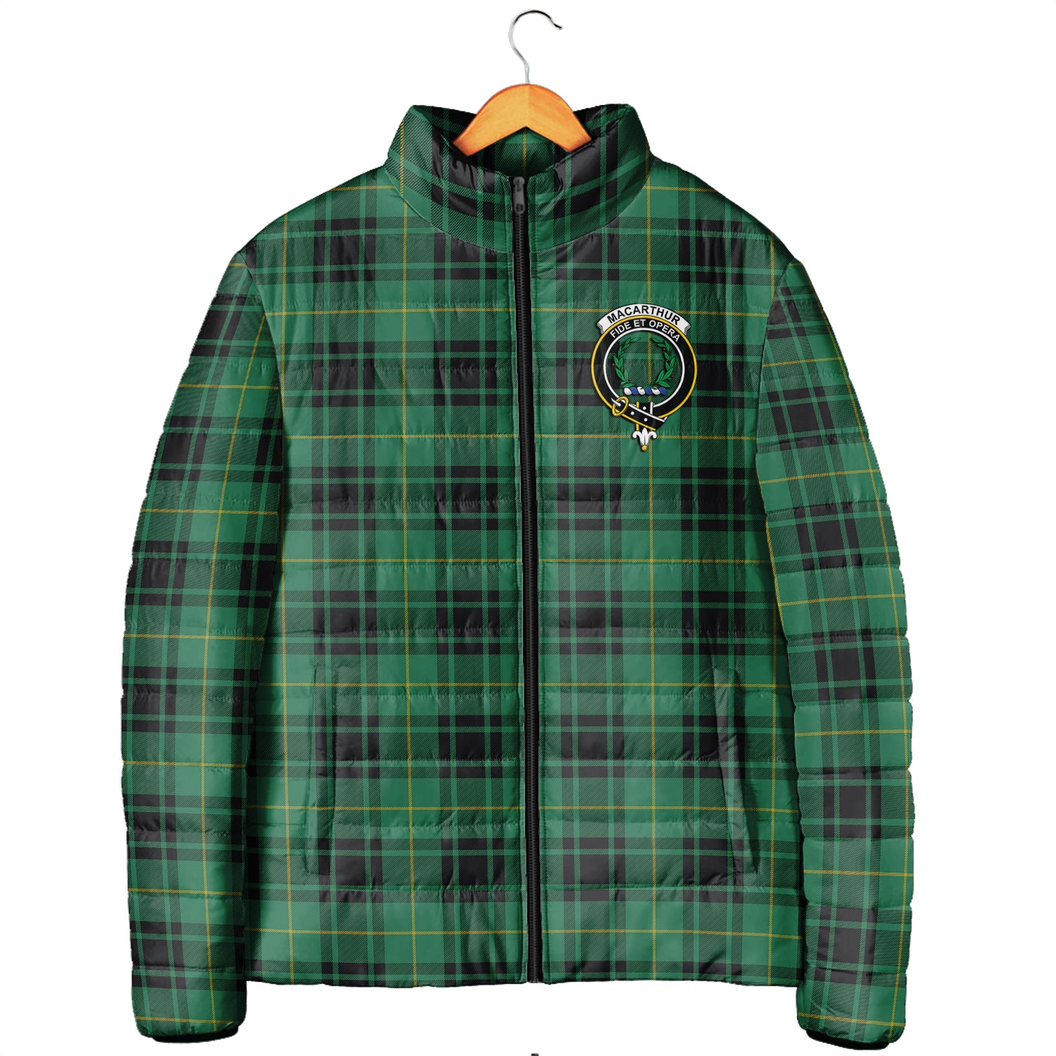 MacArthur Ancient Tartan Padded Jacket with Family Crest - Tartanvibesclothing