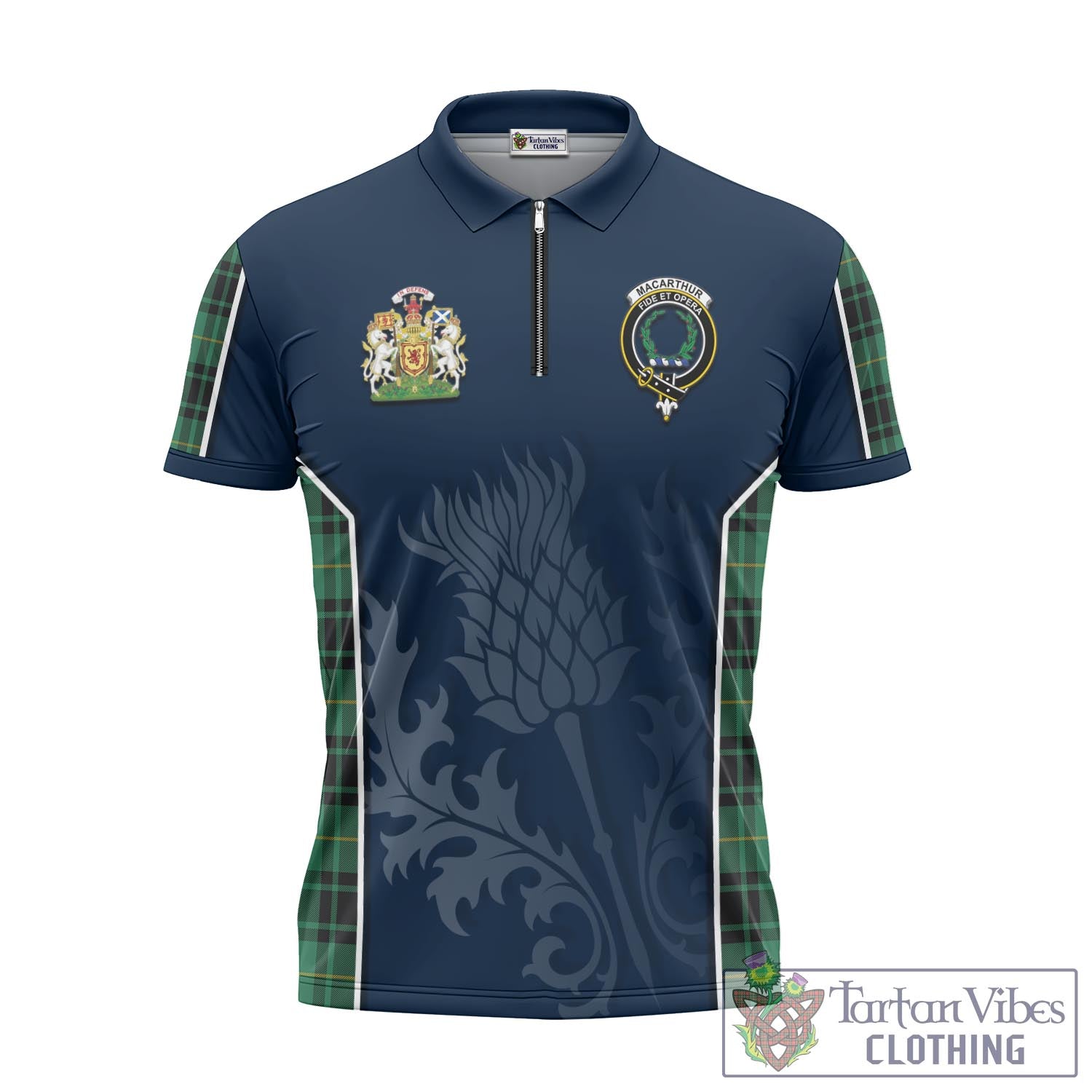 Tartan Vibes Clothing MacArthur Ancient Tartan Zipper Polo Shirt with Family Crest and Scottish Thistle Vibes Sport Style