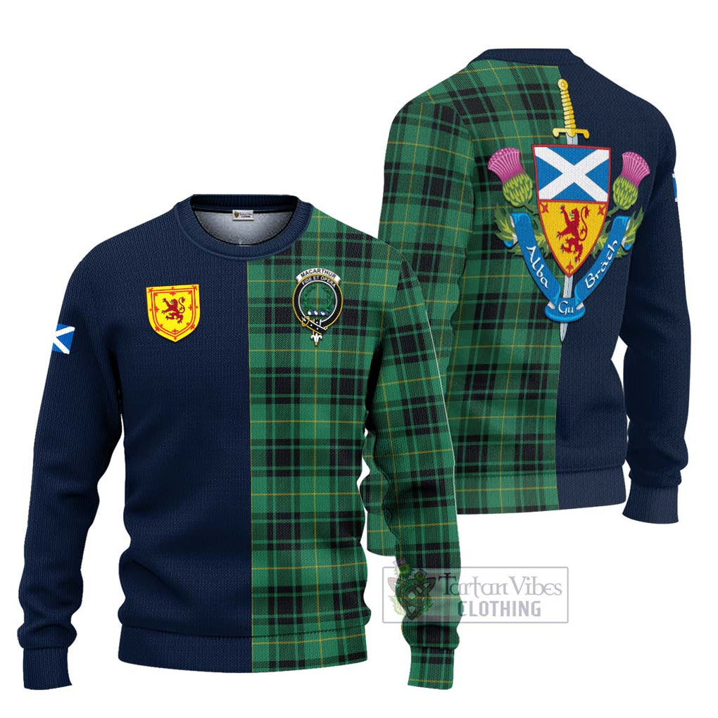 Tartan Vibes Clothing MacArthur Ancient Tartan Knitted Sweater with Scottish Lion Royal Arm Half Style