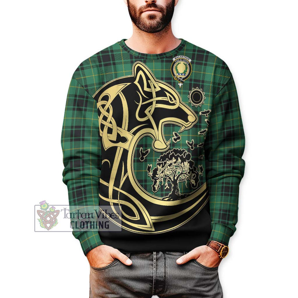 MacArthur Ancient Tartan Sweatshirt with Family Crest Celtic Wolf Style Unisex - Tartan Vibes Clothing