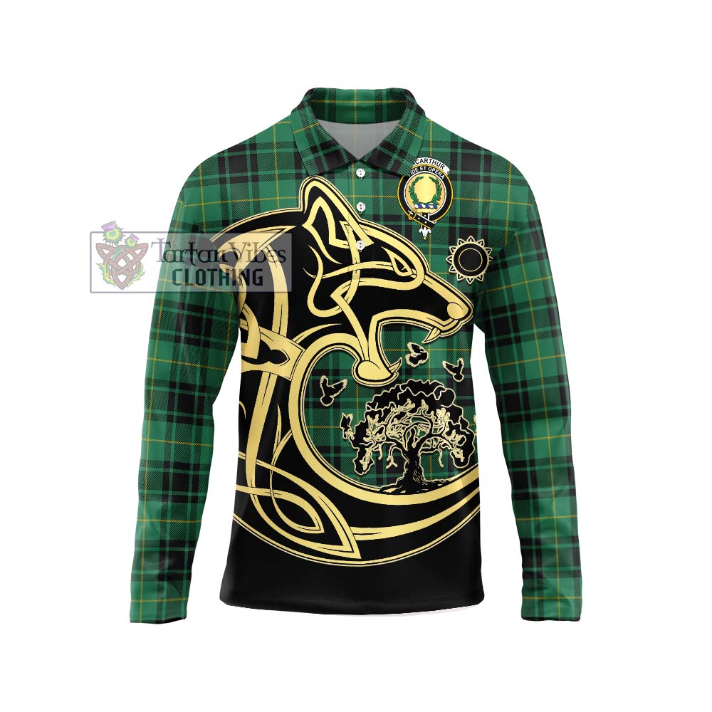 MacArthur Ancient Tartan Long Sleeve Polo Shirt with Family Crest Celtic Wolf Style Unisex - Tartanvibesclothing Shop