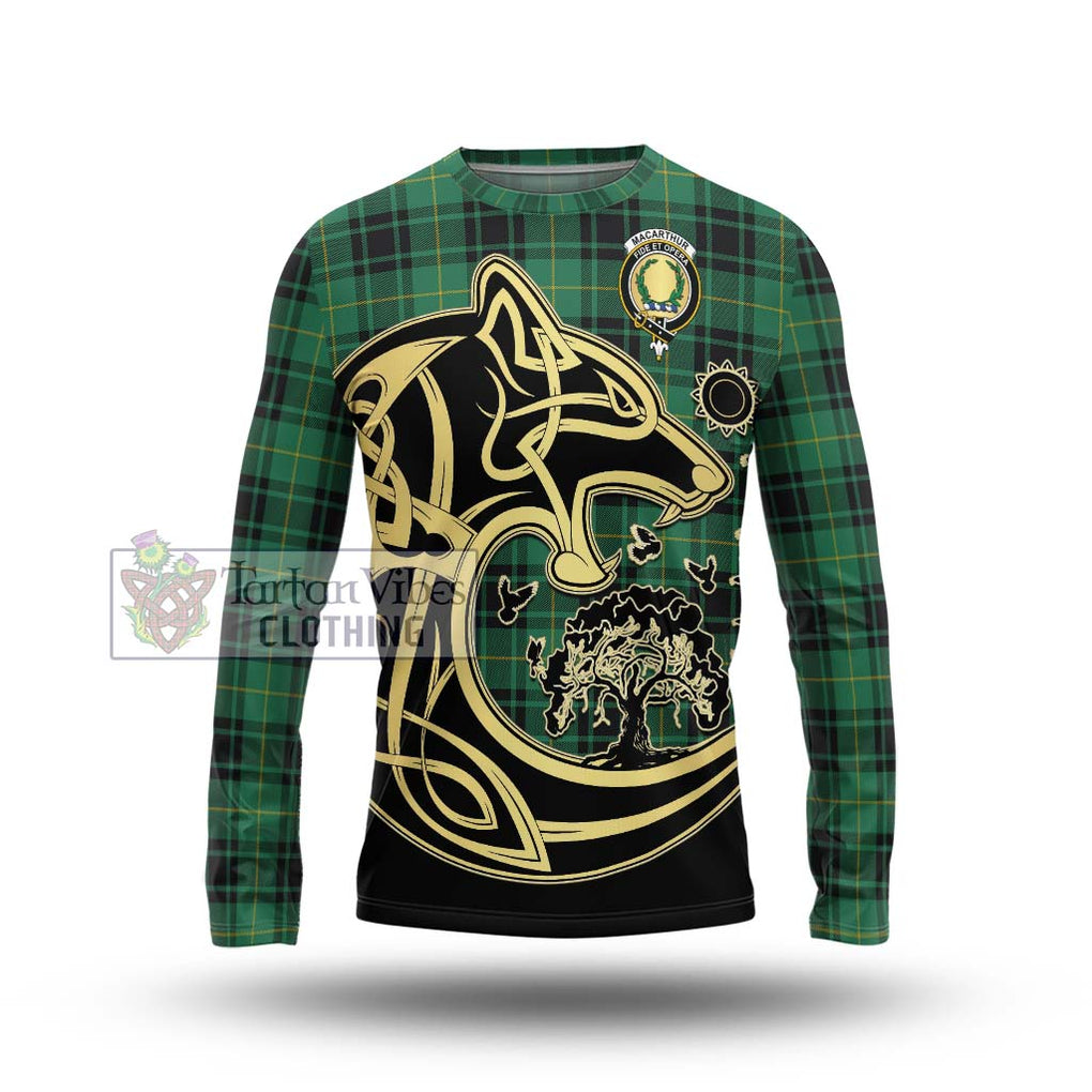 MacArthur Ancient Tartan Long Sleeve T-Shirt with Family Crest Celtic Wolf Style Unisex - Tartan Vibes Clothing