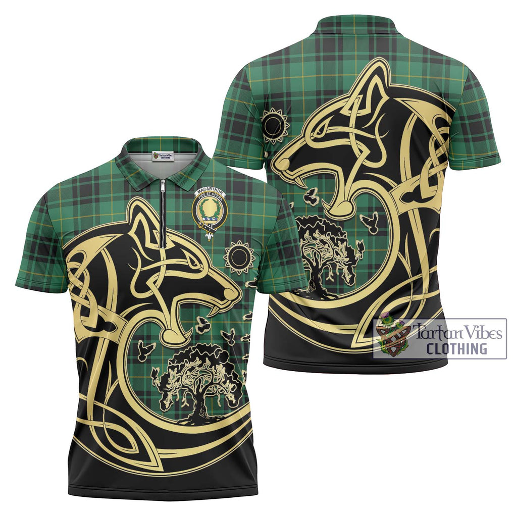 MacArthur Ancient Tartan Zipper Polo Shirt with Family Crest Celtic Wolf Style Unisex - Tartanvibesclothing Shop