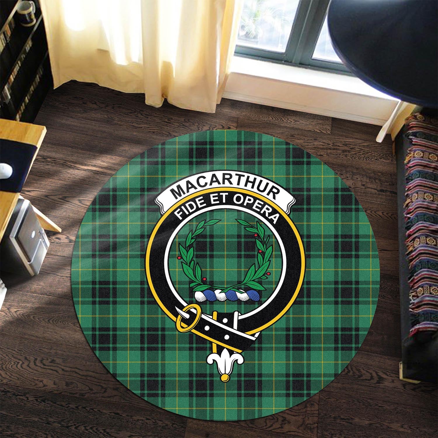 macarthur-ancient-tartan-round-rug-with-family-crest