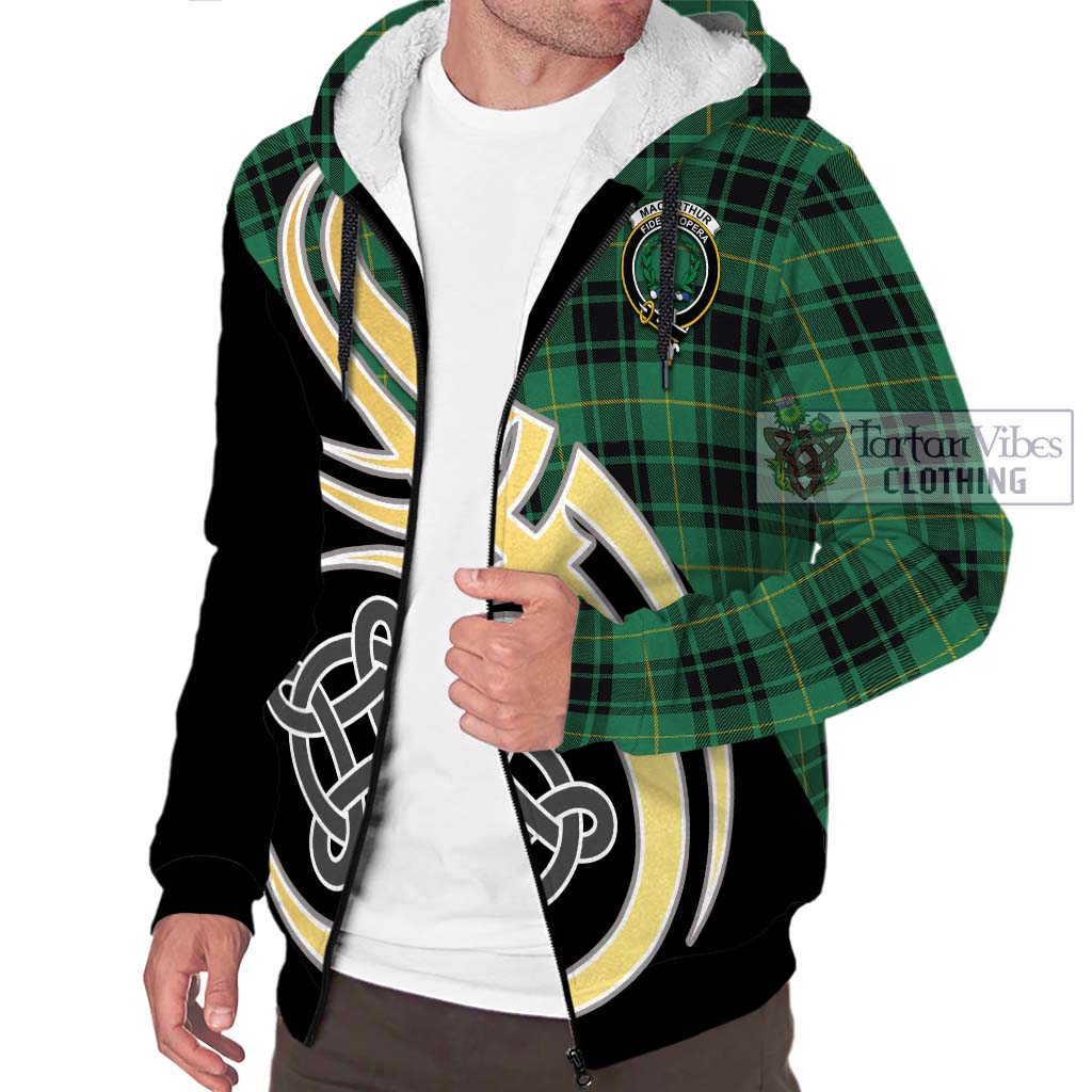 MacArthur Ancient Tartan Sherpa Hoodie with Family Crest and Celtic Symbol Style - Tartan Vibes Clothing