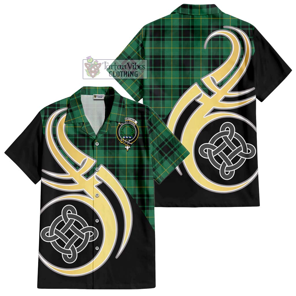 MacArthur Ancient Tartan Short Sleeve Button Shirt with Family Crest and Celtic Symbol Style - Tartan Vibes Clothing