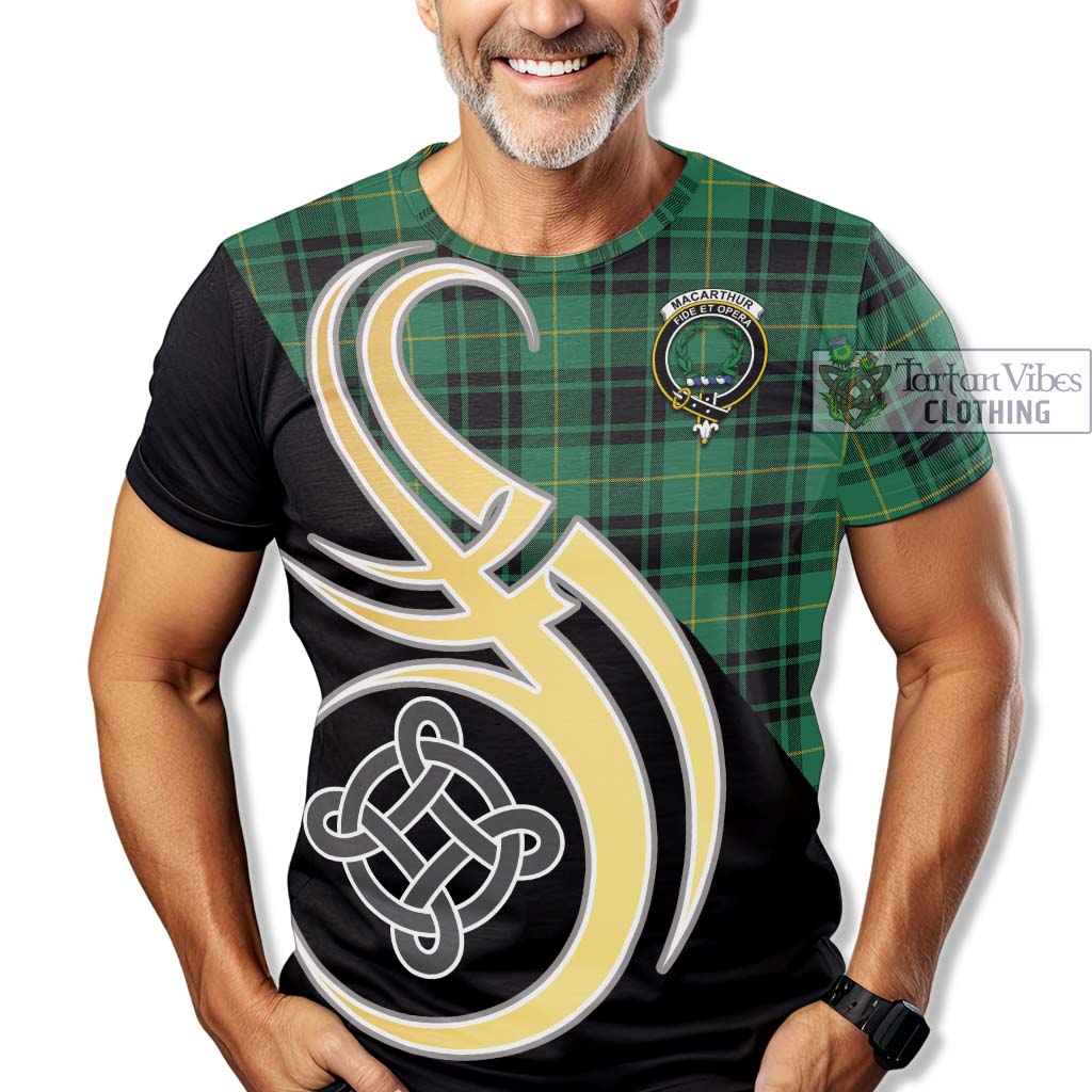 Tartan Vibes Clothing MacArthur Ancient Tartan T-Shirt with Family Crest and Celtic Symbol Style