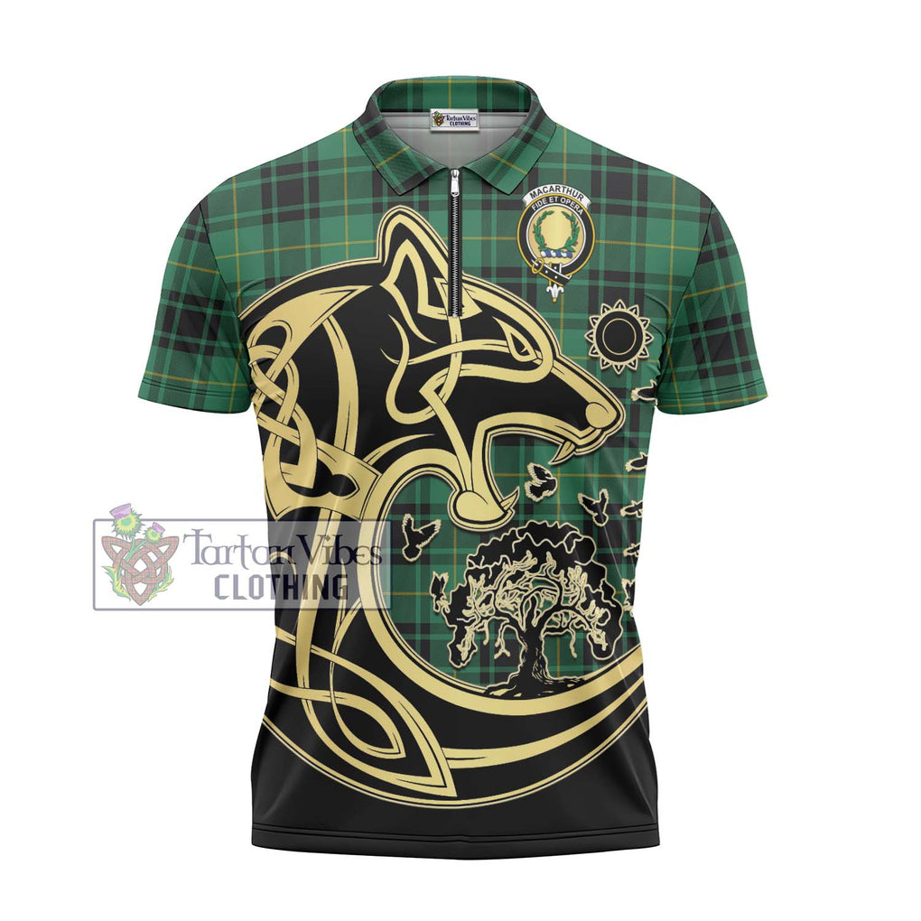 MacArthur Ancient Tartan Zipper Polo Shirt with Family Crest Celtic Wolf Style - Tartanvibesclothing Shop