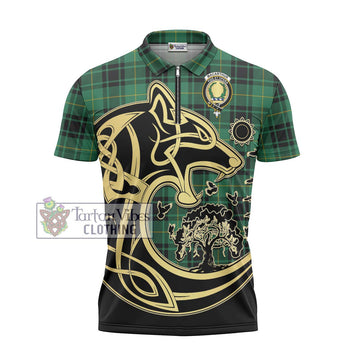 MacArthur Ancient Tartan Zipper Polo Shirt with Family Crest Celtic Wolf Style