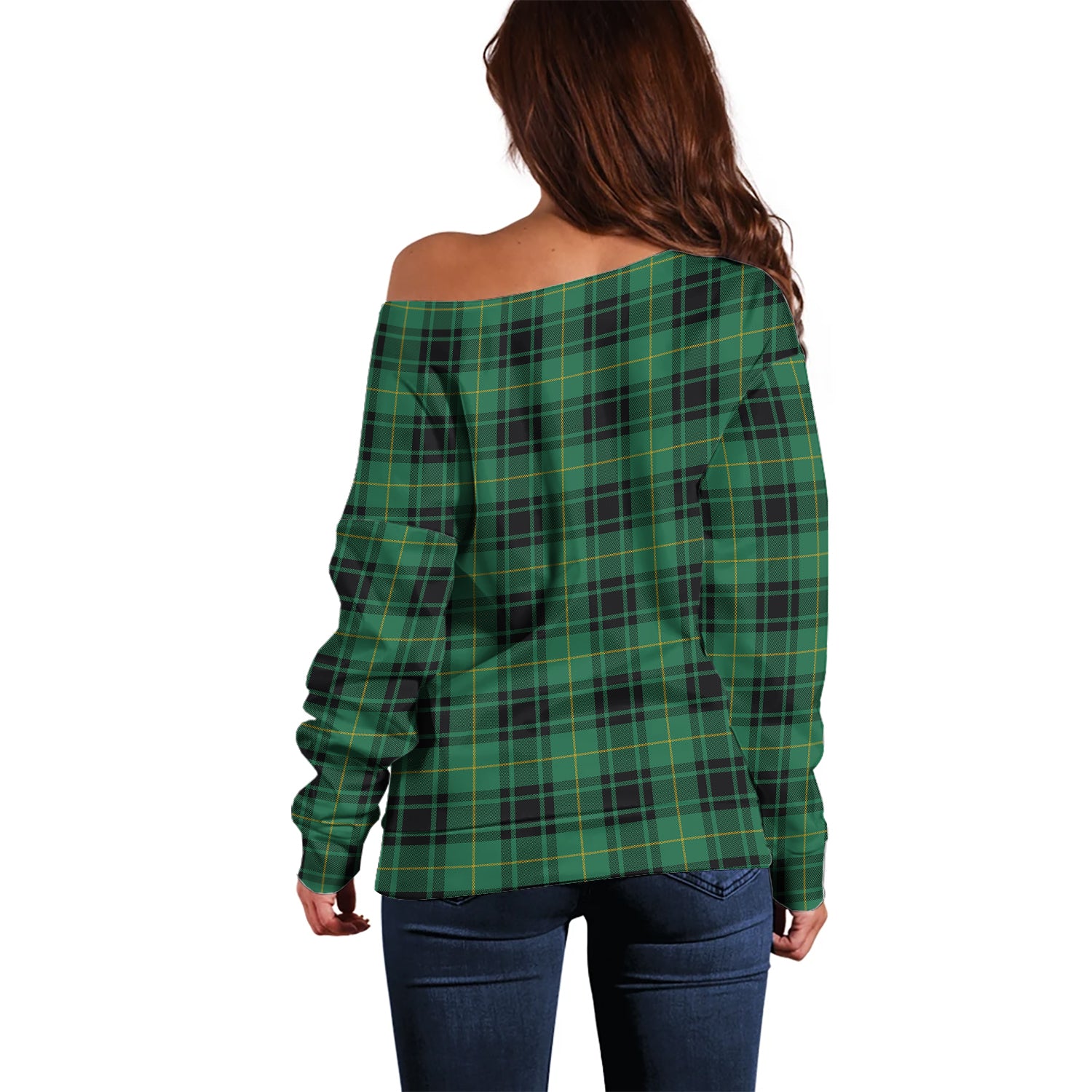 MacArthur Ancient Tartan Off Shoulder Women Sweater with Family Crest - Tartanvibesclothing