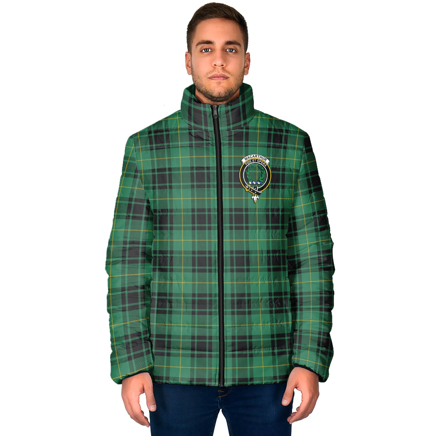 MacArthur Ancient Tartan Padded Jacket with Family Crest - Tartan Vibes Clothing