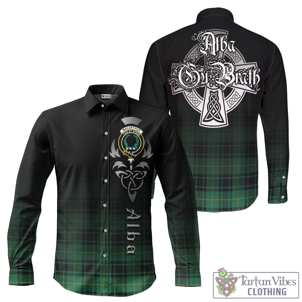 Tartan Vibes Clothing MacArthur Ancient Tartan Long Sleeve Button Up Featuring Alba Gu Brath Family Crest Celtic Inspired