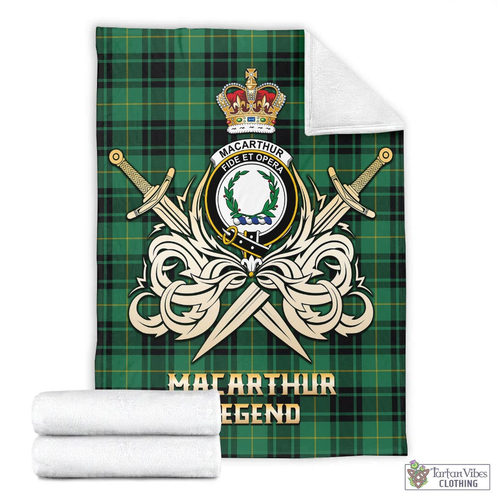 Tartan Vibes Clothing MacArthur Ancient Tartan Blanket with Clan Crest and the Golden Sword of Courageous Legacy