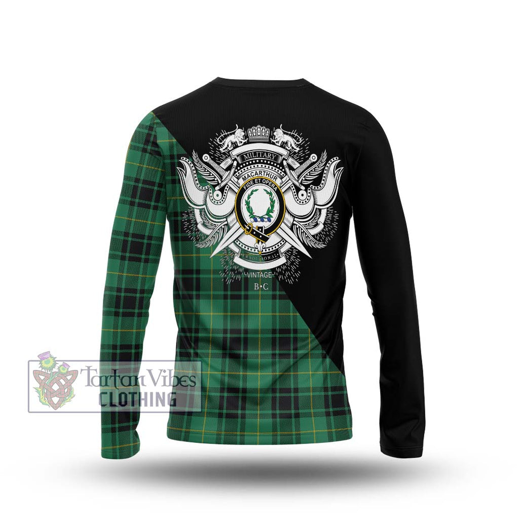 MacArthur Ancient Tartan Long Sleeve T-Shirt with Family Crest and Military Logo Style - Tartanvibesclothing Shop