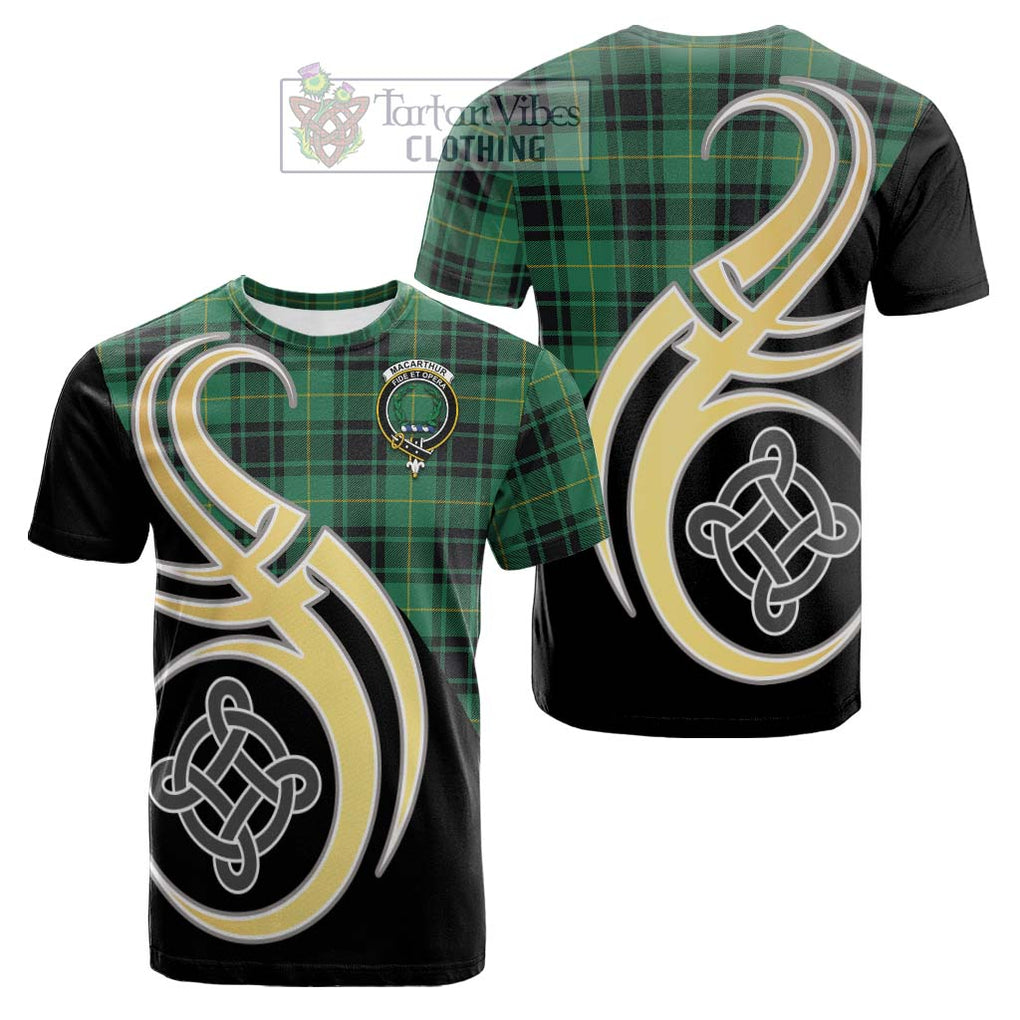 Tartan Vibes Clothing MacArthur Ancient Tartan Cotton T-shirt with Family Crest and Celtic Symbol Style