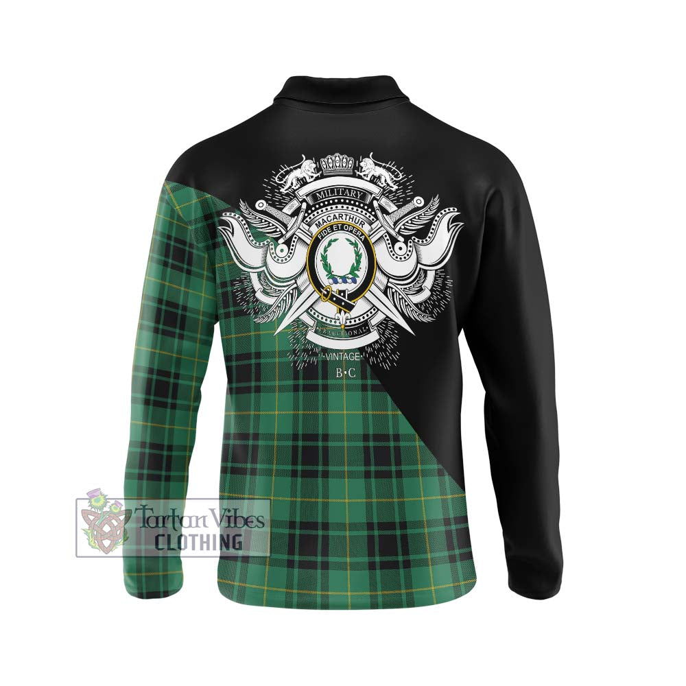 MacArthur Ancient Tartan Long Sleeve Polo Shirt with Family Crest and Military Logo Style - Tartanvibesclothing Shop