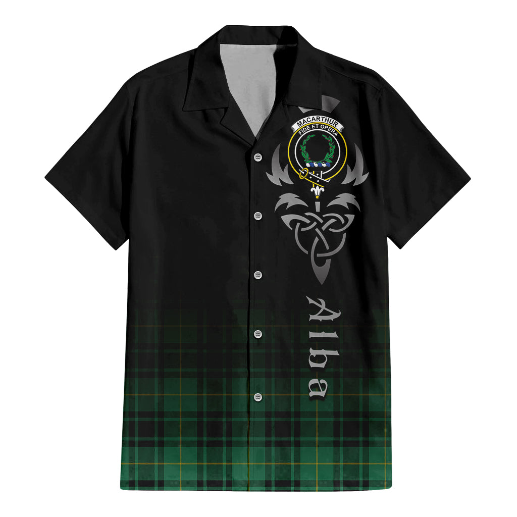 Tartan Vibes Clothing MacArthur Ancient Tartan Short Sleeve Button Up Featuring Alba Gu Brath Family Crest Celtic Inspired