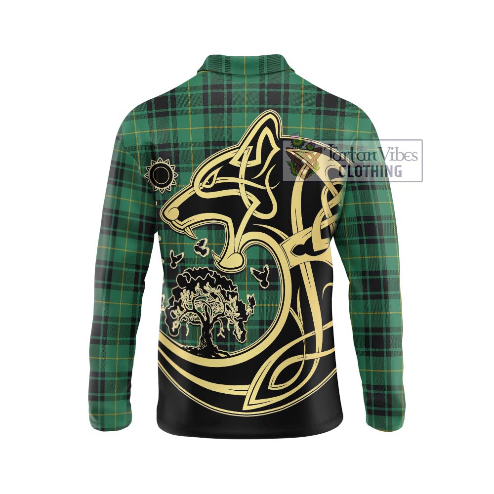 MacArthur Ancient Tartan Long Sleeve Polo Shirt with Family Crest Celtic Wolf Style - Tartanvibesclothing Shop