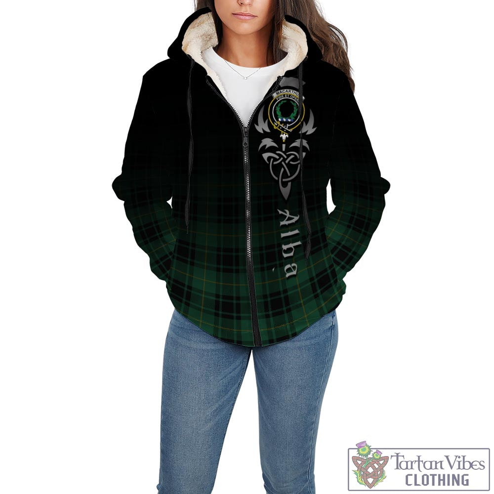 Tartan Vibes Clothing MacArthur Ancient Tartan Sherpa Hoodie Featuring Alba Gu Brath Family Crest Celtic Inspired