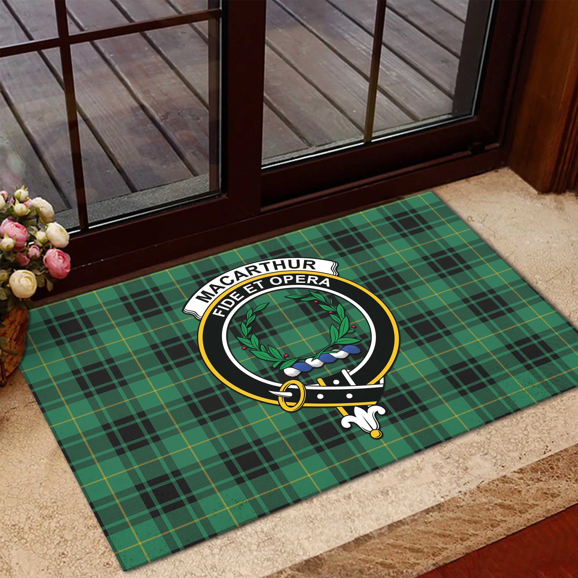 MacArthur Ancient Tartan Door Mat with Family Crest - Tartanvibesclothing