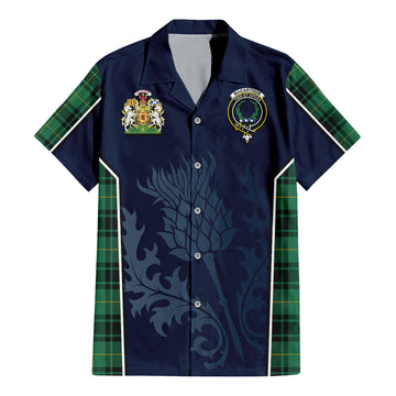 MacArthur Ancient Tartan Short Sleeve Button Up Shirt with Family Crest and Scottish Thistle Vibes Sport Style