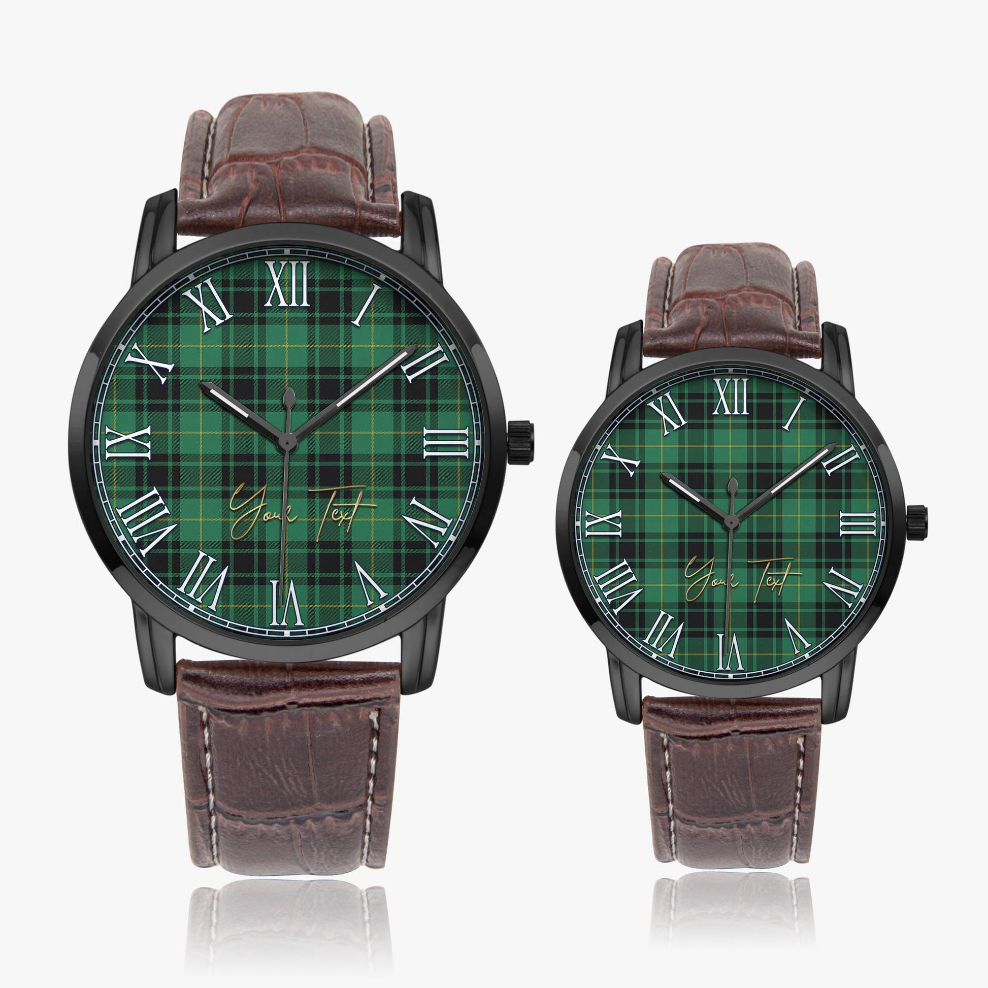 MacArthur Ancient Tartan Personalized Your Text Leather Trap Quartz Watch Wide Type Black Case With Brown Leather Strap - Tartanvibesclothing