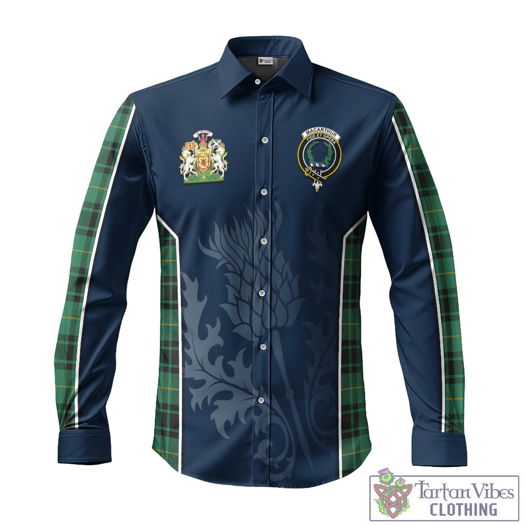 Tartan Vibes Clothing MacArthur Ancient Tartan Long Sleeve Button Up Shirt with Family Crest and Scottish Thistle Vibes Sport Style