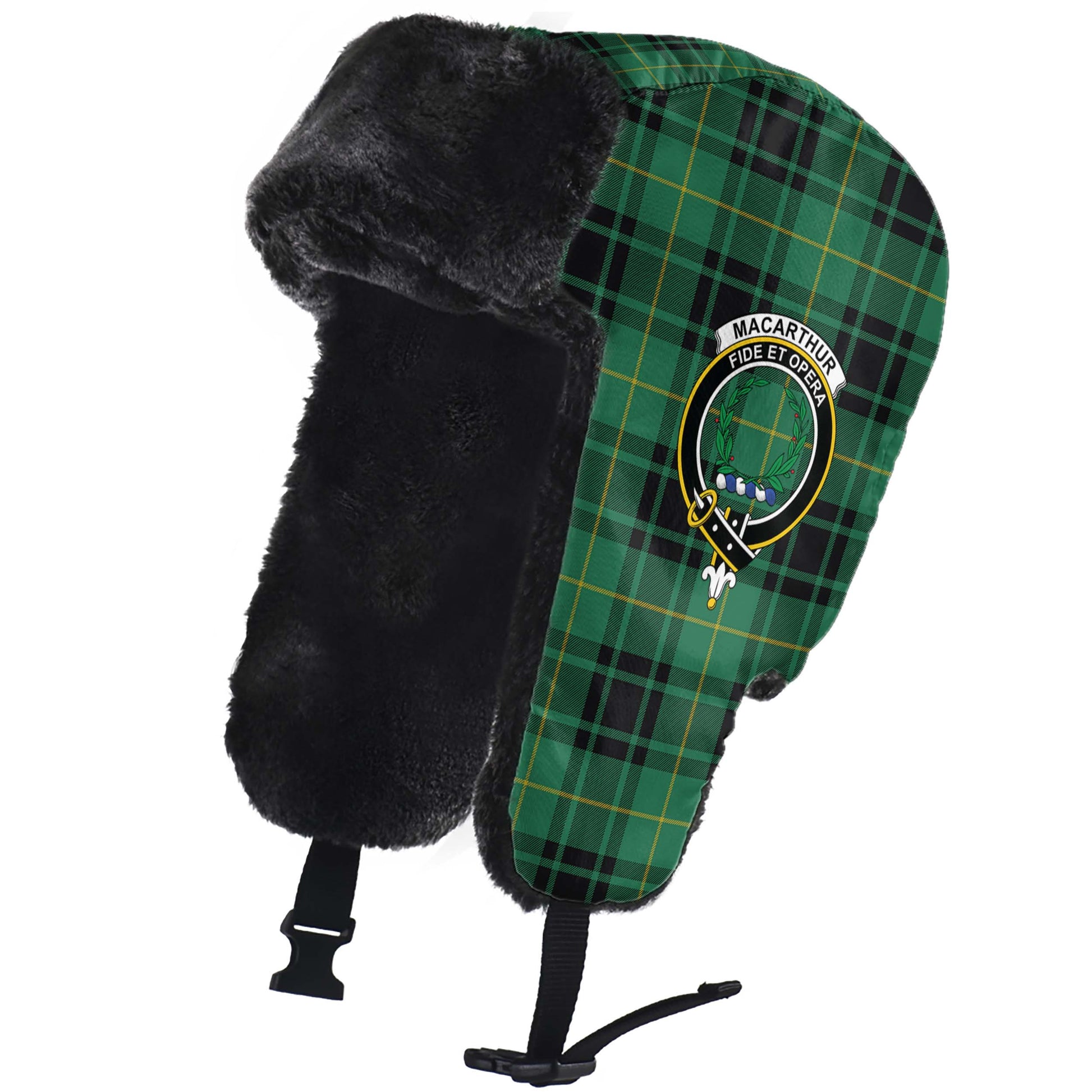 MacArthur Ancient Tartan Winter Trapper Hat with Family Crest - Tartanvibesclothing