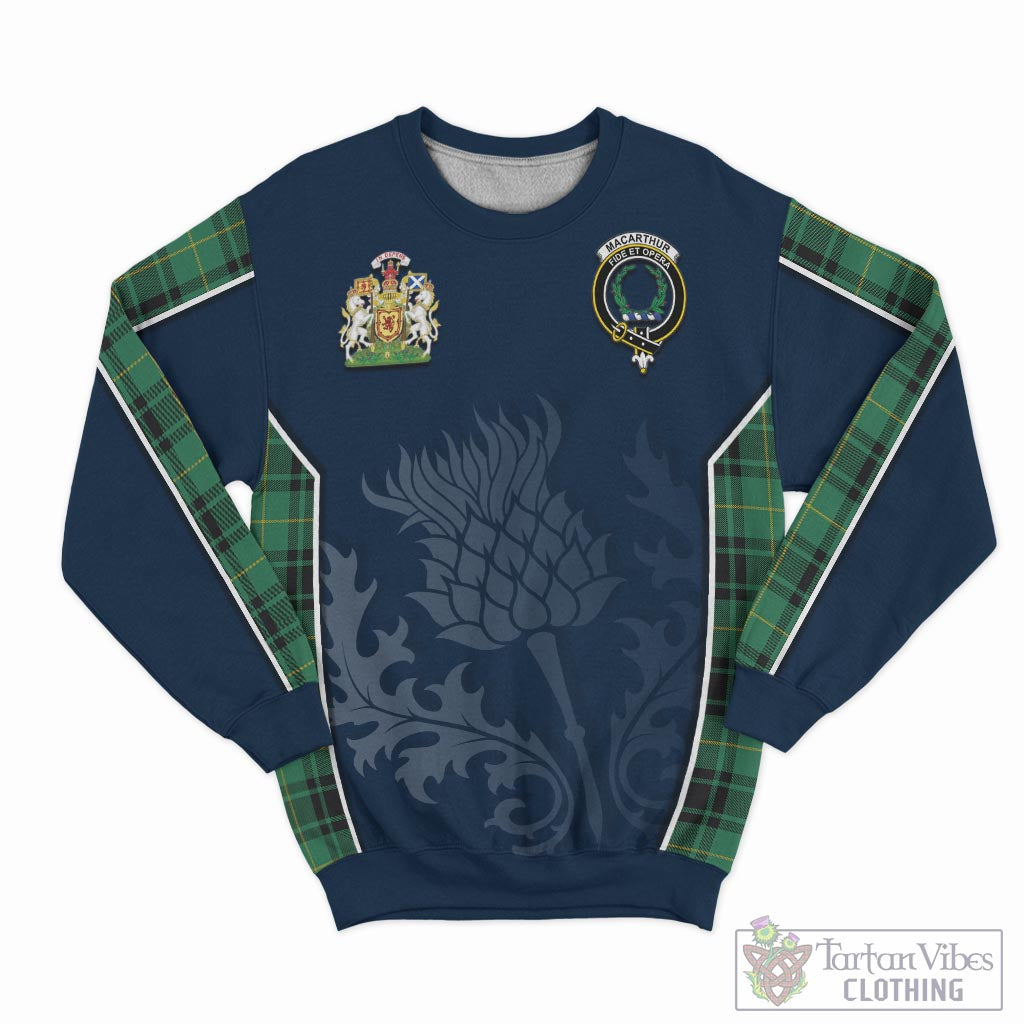 Tartan Vibes Clothing MacArthur Ancient Tartan Sweatshirt with Family Crest and Scottish Thistle Vibes Sport Style
