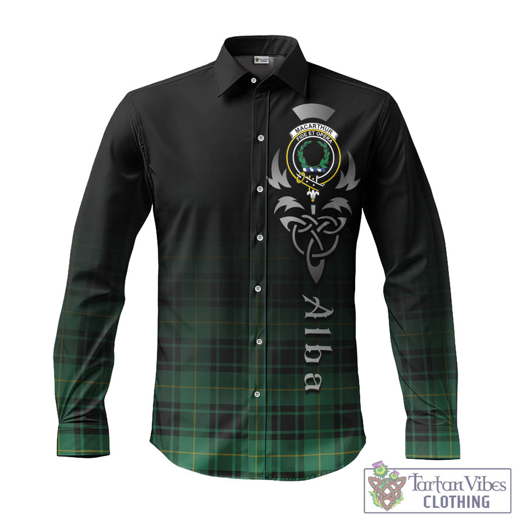 Tartan Vibes Clothing MacArthur Ancient Tartan Long Sleeve Button Up Featuring Alba Gu Brath Family Crest Celtic Inspired