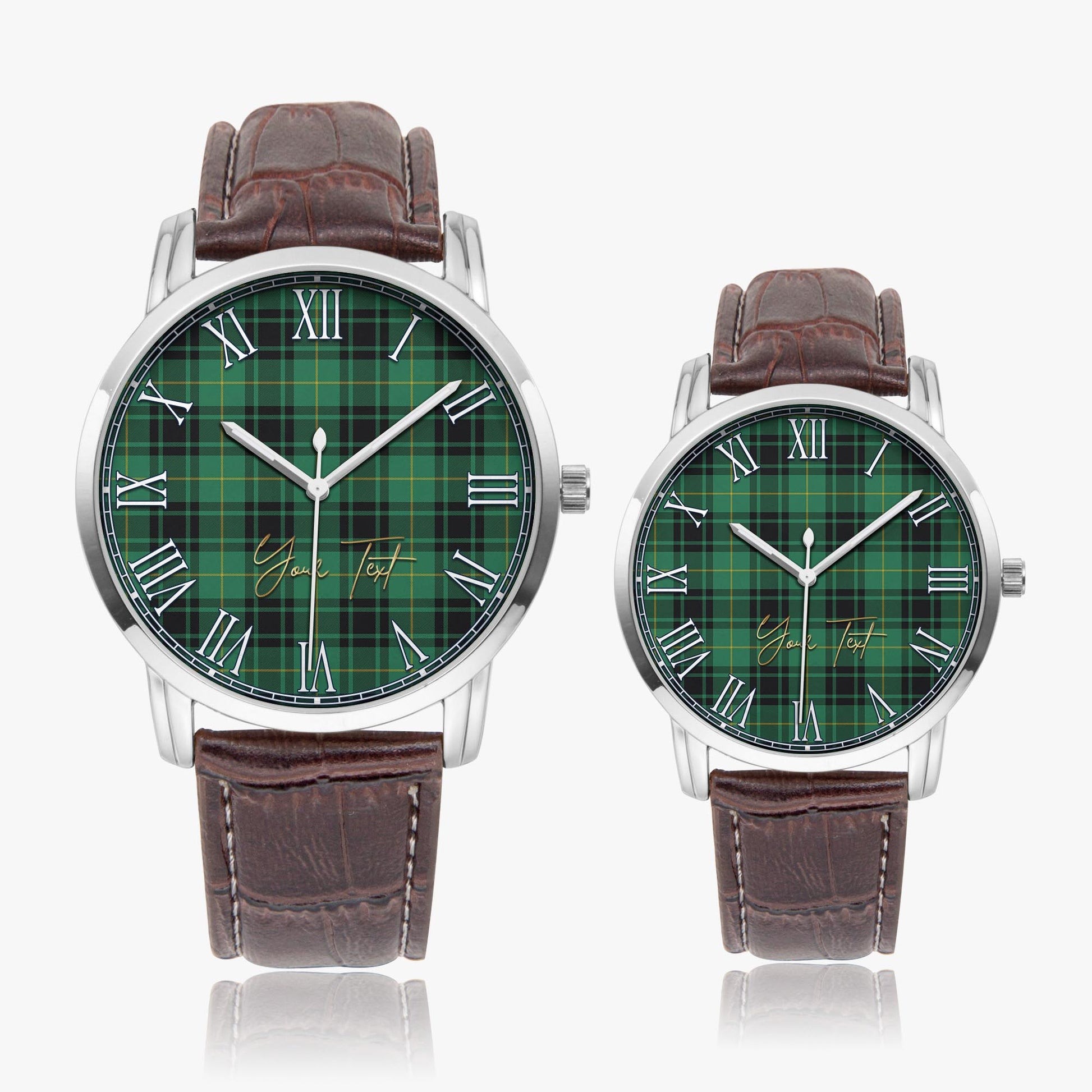 MacArthur Ancient Tartan Personalized Your Text Leather Trap Quartz Watch Wide Type Silver Case With Brown Leather Strap - Tartanvibesclothing