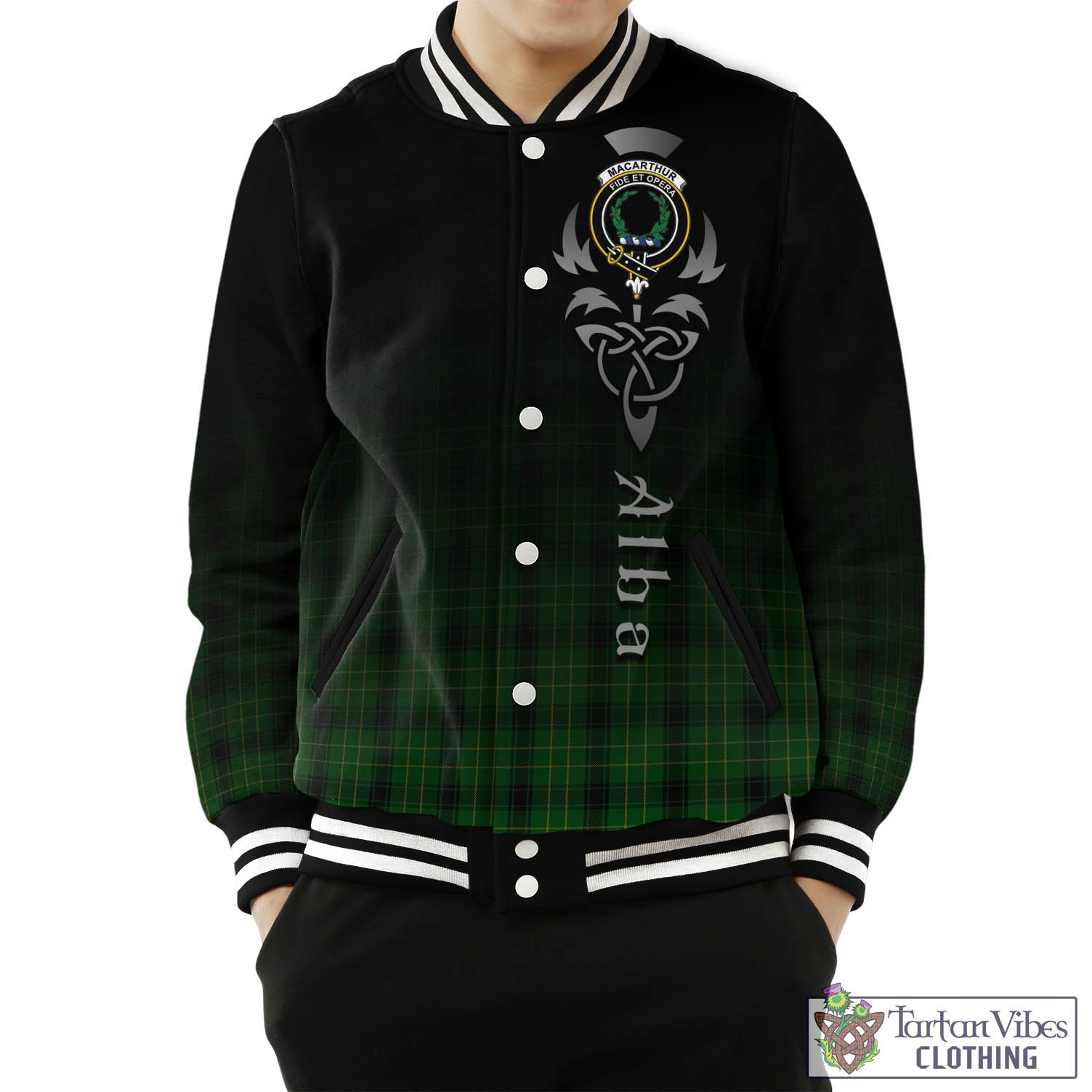 Tartan Vibes Clothing MacArthur Highland Tartan Baseball Jacket Featuring Alba Gu Brath Family Crest Celtic Inspired