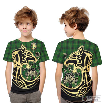 MacArthur Highland Tartan Kid T-Shirt with Family Crest Celtic Wolf Style